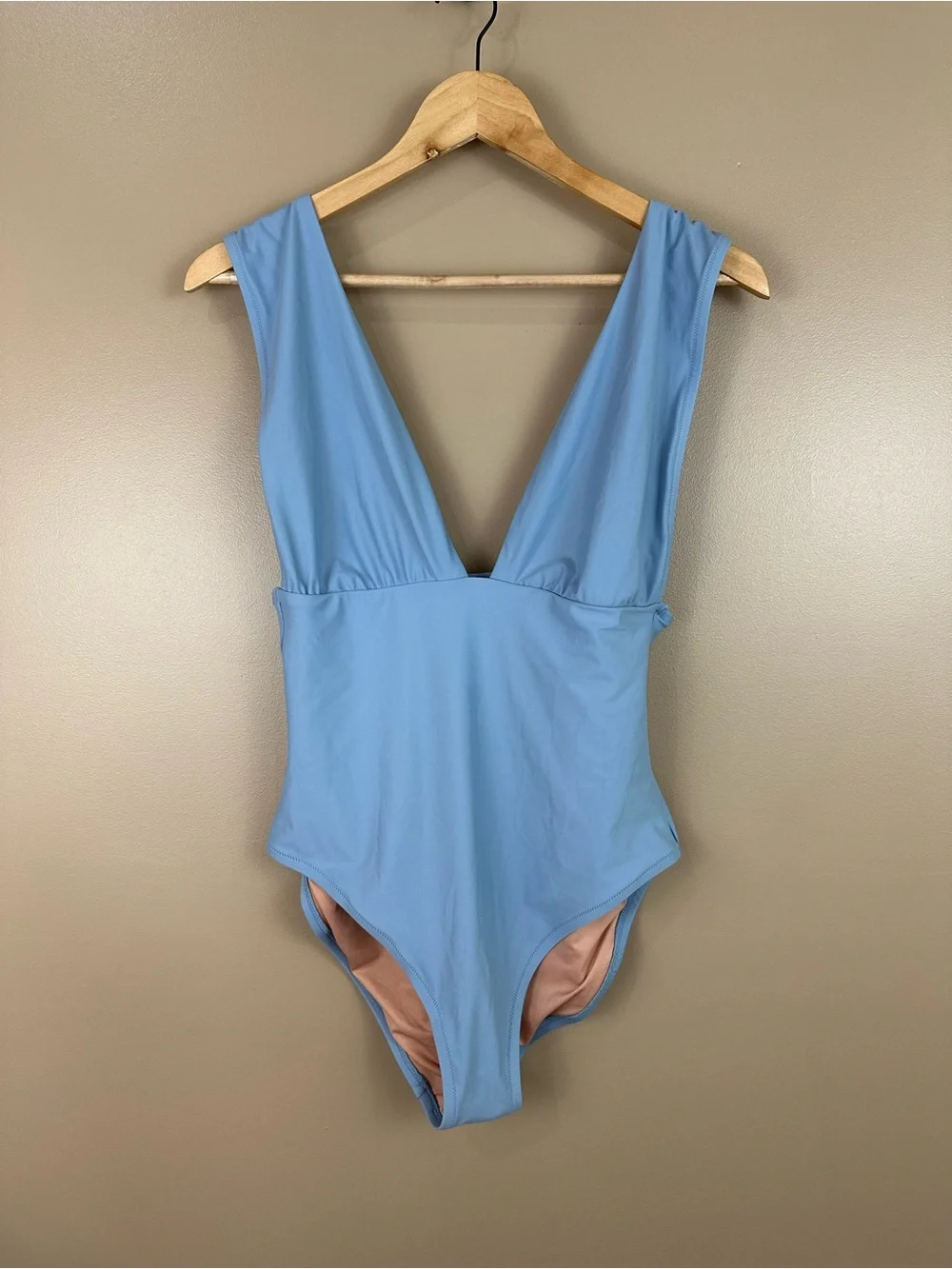 J Crew Light Blue Plunge V Neck One Piece Swimsuit Wide Strap Size 10 Preppy